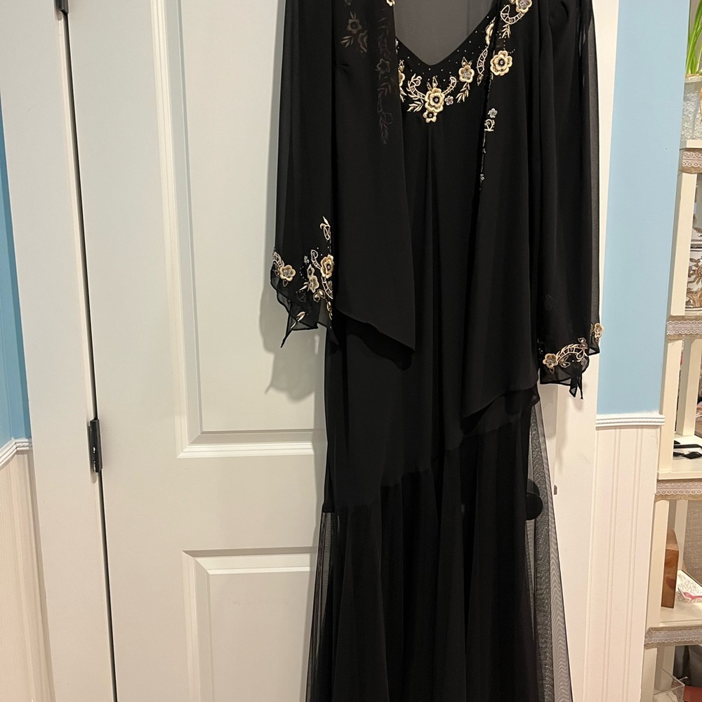 R&M Richards Black Evening Gown with Cream Floral Embroidery